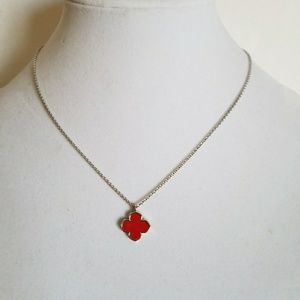 Silver 18" Long Necklace,Single Red clover,